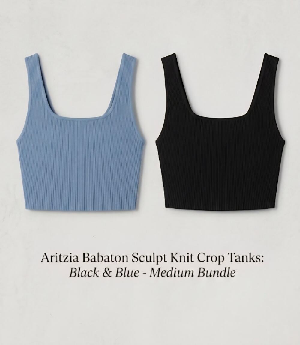 Aritzia Babaton Sculpt Knit Crop Tank Bundle 2 Lot Black Blue Ribbed Medium M